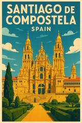 Fototapeta premium Vintage style artwork of Santiago de Compostela Spain featuring the cathedral with ornate towers seen from a manicured garden path under a clear blue sky