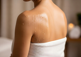 A beautiful young woman is lying down and relaxing in a luxurious spa salon