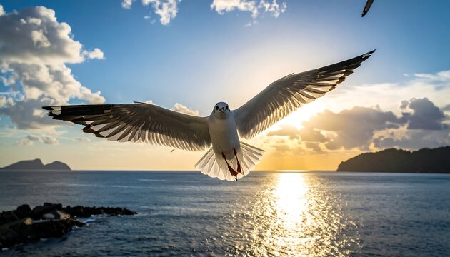 A seagull soars directly toward the camera with wings spread against a glowing sunset over a vast ocean, clouds and land visible - Powered by Adobe
