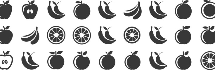 Fruit, icons, black, silhouette, vector, illustration, apple, banana, orange, peach, chili, food, design, graphic, healthy, minimal, collection, shape, fresh, stylized, set