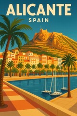 Colorful retro illustration of Alicante, Spain, featuring a coastal marina with sailboats, palm trees, city buildings, and Mount Benacantil under a blue sky