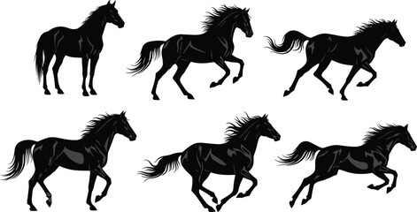 Horse silhouette motion sequence, galloping animal illustration, running horse vector, dynamic equine pose, black horse clipart, animation reference art