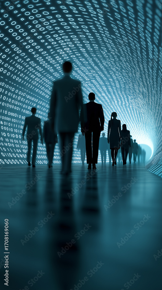 Poster silhouettes of businesspeople walking inside digital tunnel of binary code.