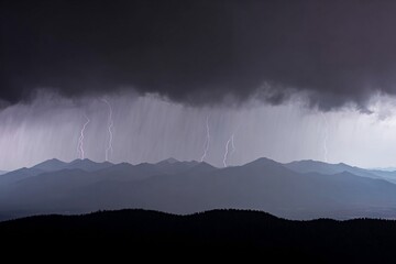 A dramatic thunderstorm over a vast mountain range, with massive forks of lightning illuminating dark clouds, generated image