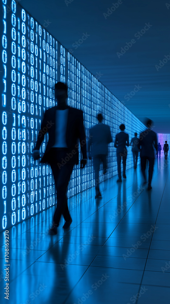 Poster silhouettes of businesspeople walking inside digital tunnel of binary code.