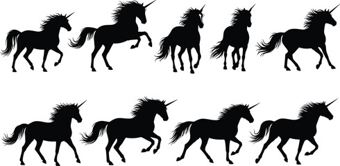 Unicorn silhouette vector set, fantasy horse illustration, magical animal clipart, walking, trotting, rearing unicorn poses, black mythical design pack