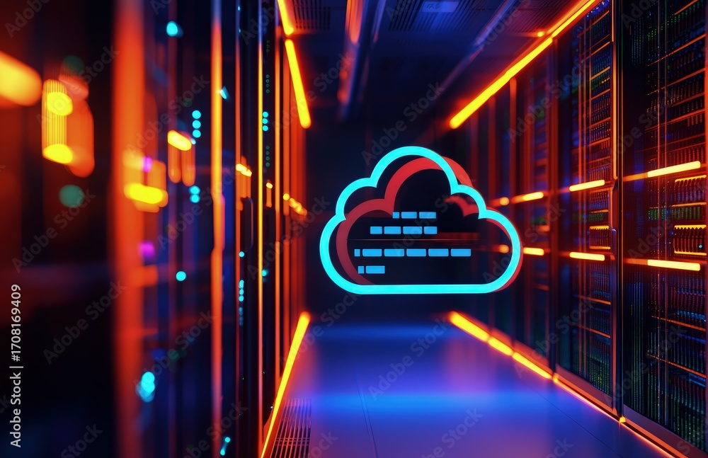 Poster cloud computing and data server infrastructure with glowing neon lights in a futuristic hallway, ide
