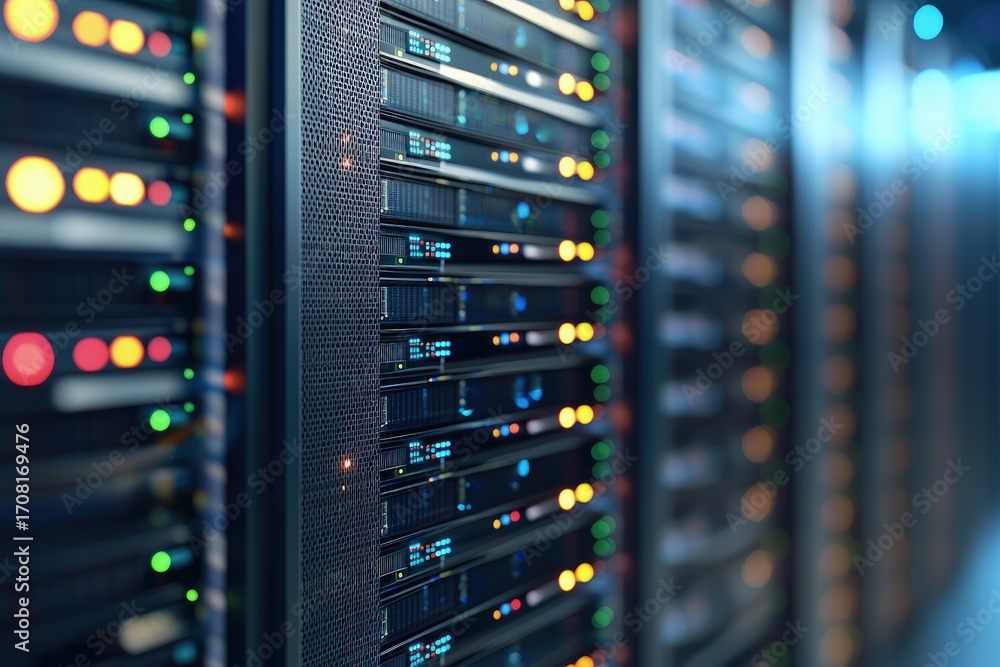 Aufkleber close up of data server racks with colorful indicator lights in a secure technology center, perfect 