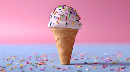 A vibrant and tempting ice cream cone, topped with a generous dollop of creamy ice cream and coated in a rainbow of sprinkles, set against a soft, pastel-colored background.