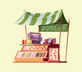 Naklejka premium Burger Street Food Stall with Canopy and Display Counter Vector