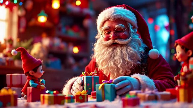 Santa Claus and elves preparing gifts in a festive workshop