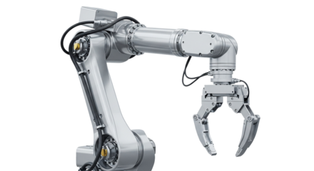 Precision robotic arm poised for action in futuristic automation with intricate silver metal and