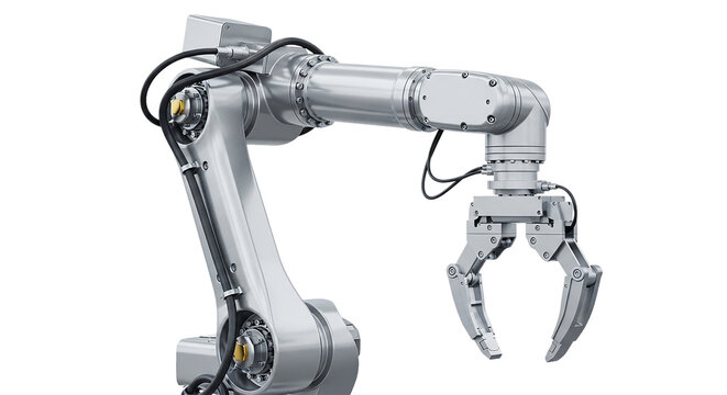 Precision robotic arm poised for action in futuristic automation with intricate silver metal and