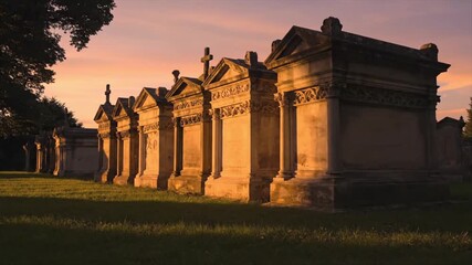 Mausoleums in a cemetery at dawn or dusk light. Suitable for funeral, memorial, graveyard, or eveningthemed concepts. - Powered by Adobe