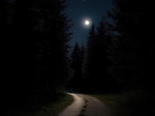 A moonlit path winds through a dark forest, stars visible above.