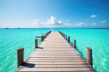 Obraz premium Sun-bleached wooden pier extending over calm, turquoise water Perfect for relaxation, summer vacation, coastal living imagery Stunning natural light and vibrant colors , relaxation, jetty, travel