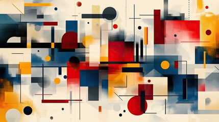 Abstract geometric shapes, vibrant colors, modern design, cityscape background