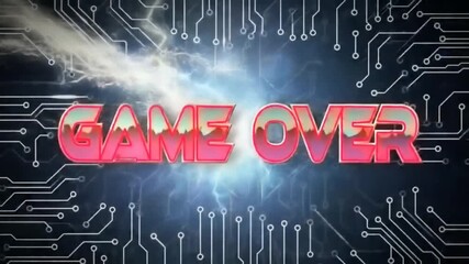 Futuristic Game Over message with glowing text on a digital circuit board background with an energy pulse - Powered by Adobe