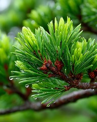 Green pine needles with fresh raindrops close up high resolution picture