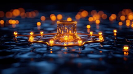 Abstract glass structure, glowing lights, dark water, digital art
