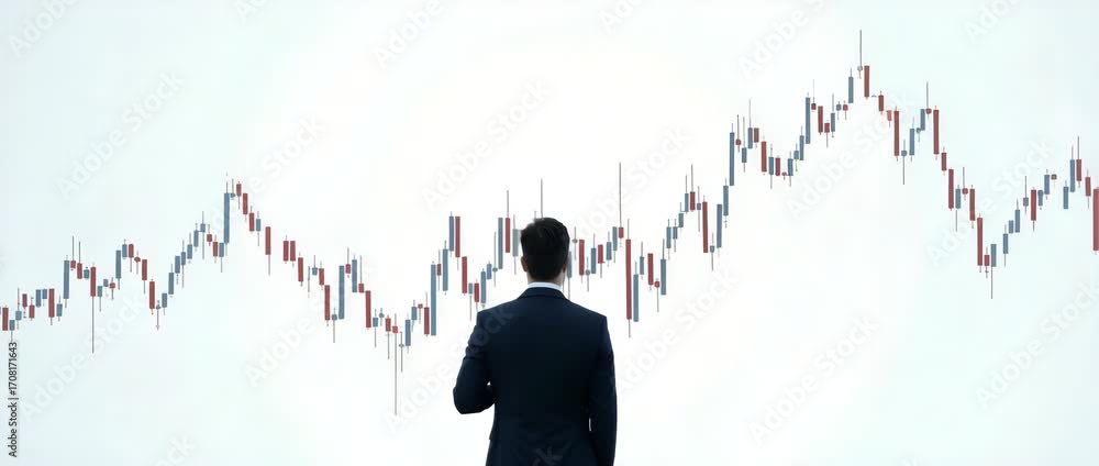Poster back view of standing businessman observing a stock market graph against a white background concept 