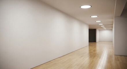 An Empty Hallway with Polished Wooden Floors and Bright Ceiling Lights Illuminating the Space