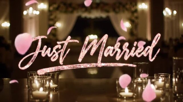 Elegant script text 'Just Married' with falling petals and soft lighting decor