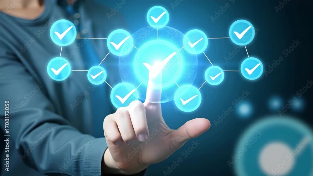Aufkleber hand using holographic business strategy interface displaying target check marks quality management 