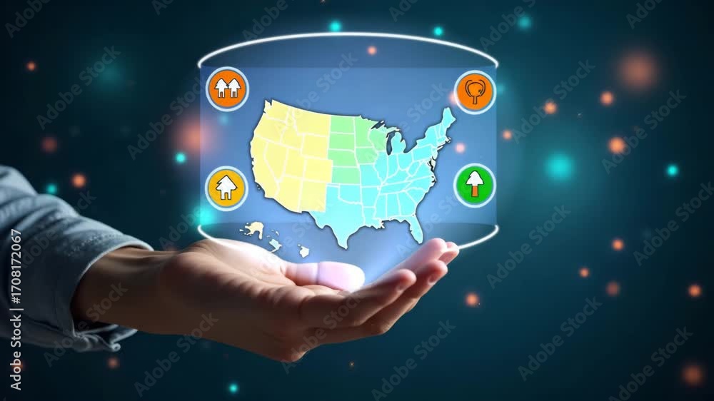 Poster flat hand navigating holographic national parks map for family trips with empty space background con