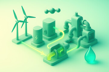 Green isometric illustration of renewable energy research with wind turbines and pipes