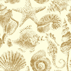 Seamless pattern with sea animals, fish and shells. On a marine theme. Seafood. Wallpaper, textile, fabric, tile, packaging for Menu. Print, T-shirt design. No AI used