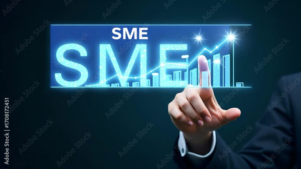 Poster hand pointing at holographic sme business growth icons with various business related symbols represe