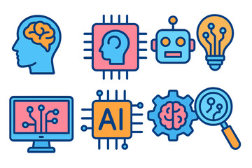 Artificial intelligence icon set. AI technology concepts, machine learning, robotics, and smart innovation symbols. Vector icons for brain, chip, bot, and data processing.