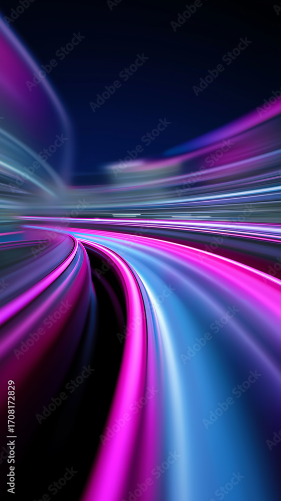 Poster Abstract neon light trails creating futuristic speed and motion effect.  
