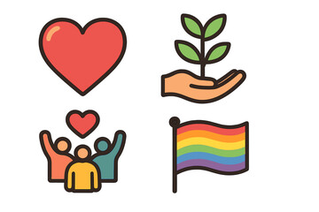 Love, growth, community support, and pride icon set. Vector symbols for charity, environment, diversity, and LGBTQ rights. Heart, plant, people, and rainbow flag elements.