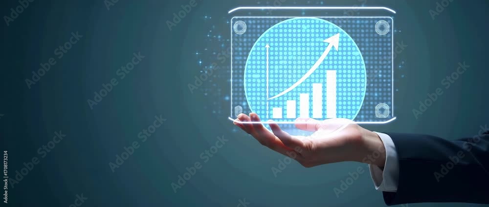 Poster hand presenting holographic business insight strategy metrics symbol in empty space background conce