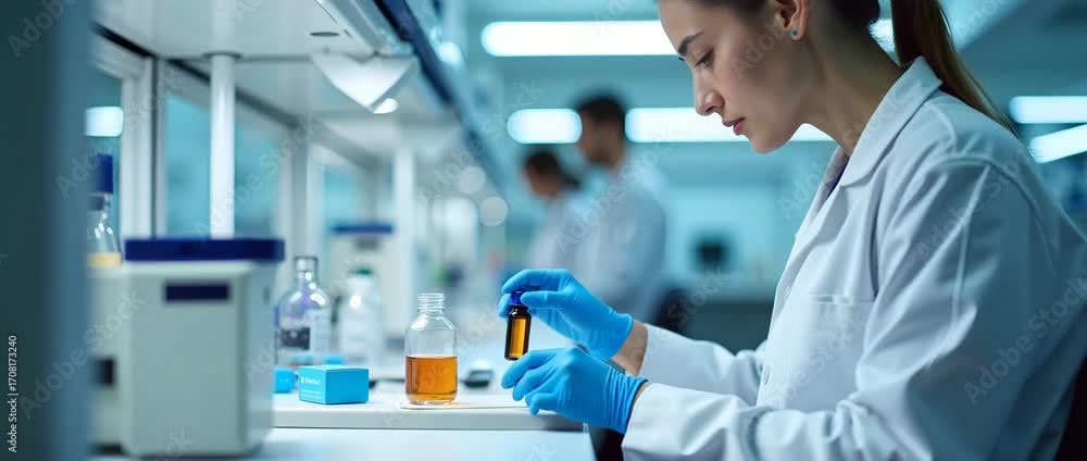 Poster photo realistic as cosmetic chemist conducting stability testing in lab with copy space concept as w