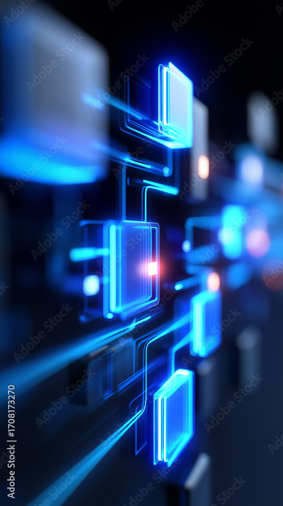 Poster futuristic interface with the word api surrounded by glowing digital circuits in neon colors.