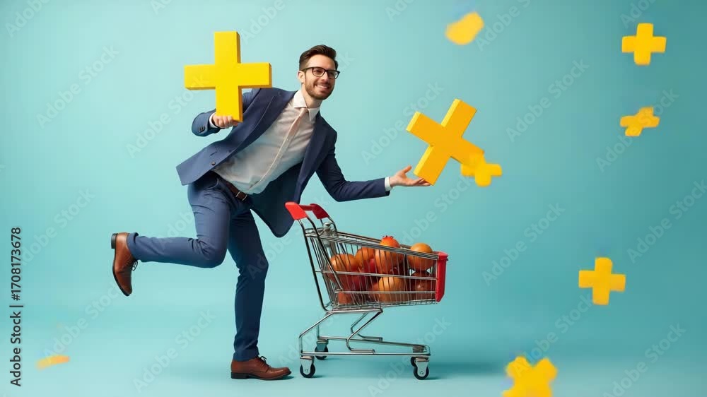 Poster flat man holds shopping cart with plus signs representing increased sales volume e commerce growth a