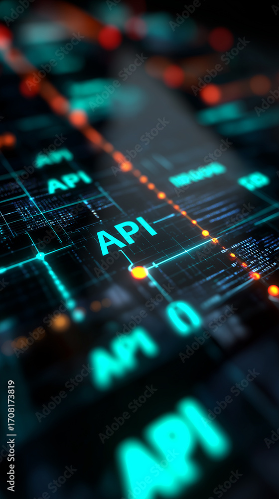 Aufkleber futuristic interface with the word api surrounded by glowing digital circuits in neon colors.
