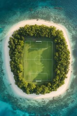 A soccer football filed on a small tropical island, top view