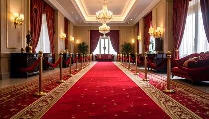 Fototapeta premium Opulent interior scene with red carpet, velvet ropes, and elegant chandelier lighting