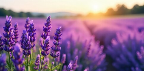 Obraz premium Vast field of purple lavender blossoms swaying gently in the breeze, bathed in soft sunlight A picturesque scene of tranquil beauty and natural fragrance , herbal, botany