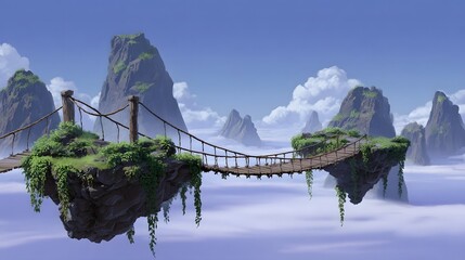 Fototapeta premium A breathtaking fantasy landscape featuring a series of lush, verdant floating islands connected by a winding, weathered rope bridge leading through the misty, mountainous scenery