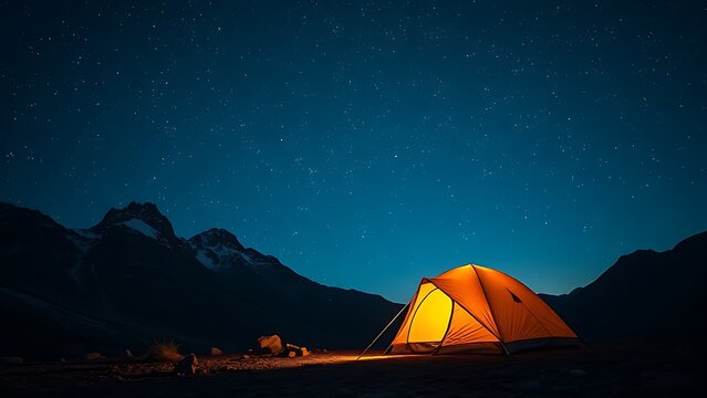 Tent under starry sky at mountain base camp, warm lantern glow inside, celestial effect.
