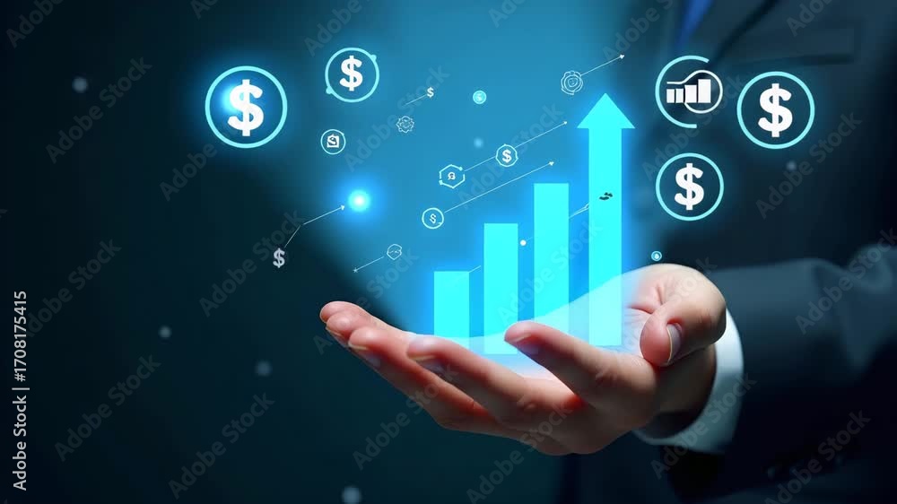 Poster flat hand operating holographic financial adjustment tools for profit and revenue with empty space b