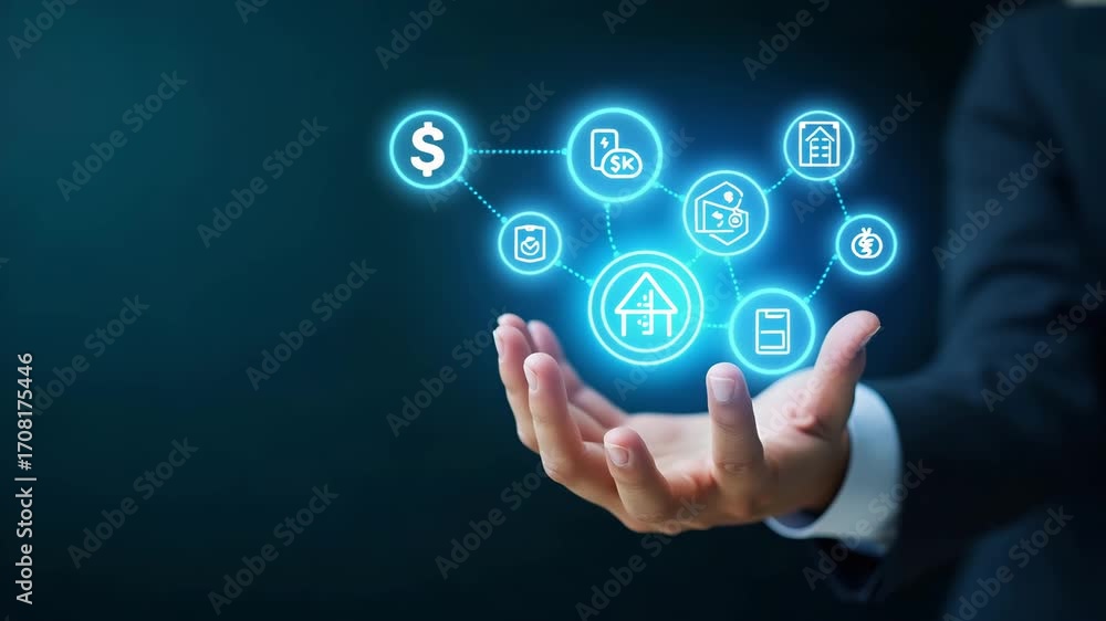 Poster hand presenting holographic digital banking interface with financial technology icons and currency s