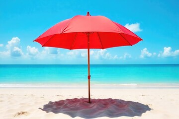 Vibrant red beach umbrella providing shade on a sunny, sandy beach Perfect for summer vacation, relaxation, and coastal imagery Ideal for travel and tourism websites , beach, sea