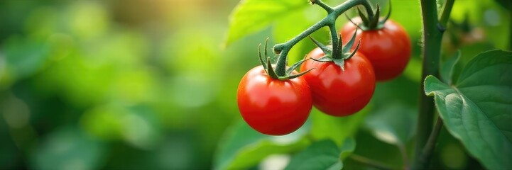 Vibrant red ripe tomatoes growing on the vine in a lush green garden Perfect for recipes, gardening blogs, and healthy eating content , ketchup, diet
