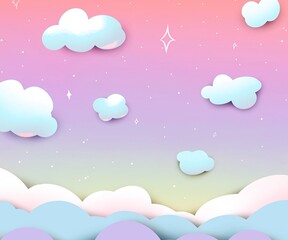 Dreamy pastel sky with soft clouds and twinkling stars for children's designs and magical backgrounds